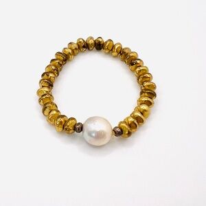 White Edison Pearl & African Brass Elastic Artisan Bracelet